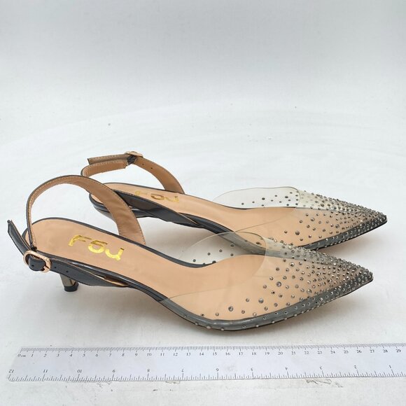 FSJ Black Crystal Clear Rhinestones Low Heel Sandals Slingback Wedding Shoes - Picture 4 of 8